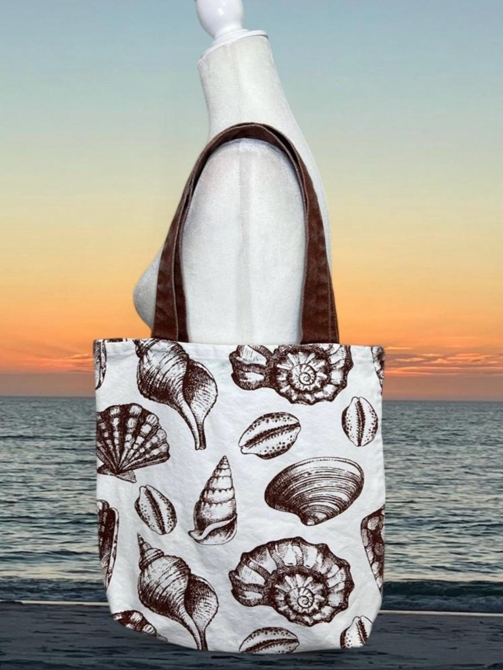 Vintage insipred Canvas Seashell Print Tote Canvas Bag with Brown Straps